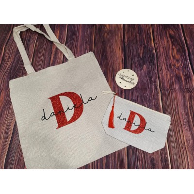 Pack Bolso Personalizado con Inicial en Purpurina + Neceser a Juego – Regalo Original