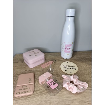 Pack Regalo Personalizado para Mujer – Set Rosa con Joyero, Botella y Accesorios