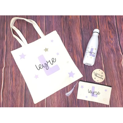 Pack Bolso, Neceser y Botella Personalizados con Inicial y Nombre – Estrellas Doradas