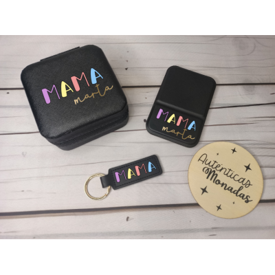 Pack Regalo para Mamá – Joyero, Espejo y Llavero Negro Personalizable con Nombre