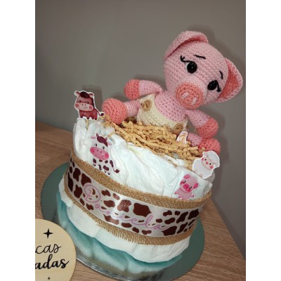 Tarta pañales dodot + cerdito hecho a mano