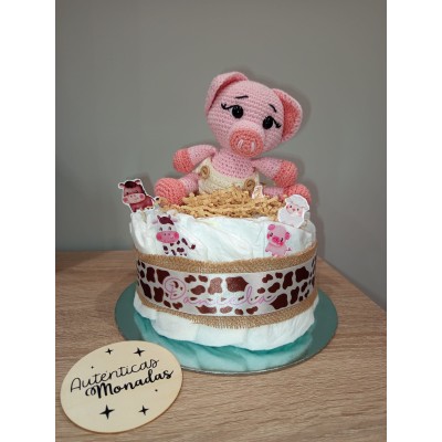 Tarta pañales dodot + cerdito hecho a mano