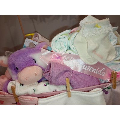 Cesta personalizada “Banderines Maxi” con pañales, muñeco y calcetines con nombre – regalo original para bebé