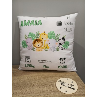 Cojín Personalizado de Natalicio Diseño Selva | Bebé Niño o Niña