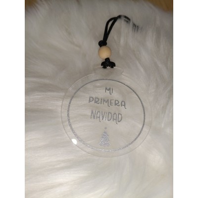 Adorno Navideño de Acrílico “Mi Primera Navidad” con Nombre del Bebé en Vinilo Gris Glitter