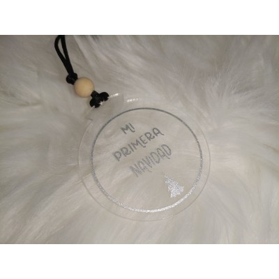 Adorno Navideño de Acrílico “Mi Primera Navidad” con Nombre del Bebé en Vinilo Gris Glitter