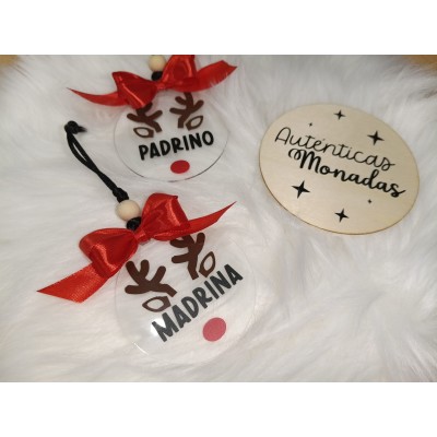 Adorno Navideño Acrílico Diseño Reno Personalizado “Padrino o Madrina” con Nombre
