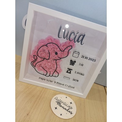 Cuadro Personalizado de Natalicio en Madera Diseño Elefante | Con Flores de Goma Eva