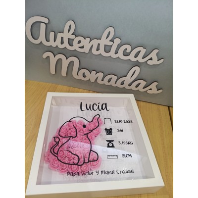 Cuadro Personalizado de Natalicio en Madera Diseño Elefante | Con Flores de Goma Eva