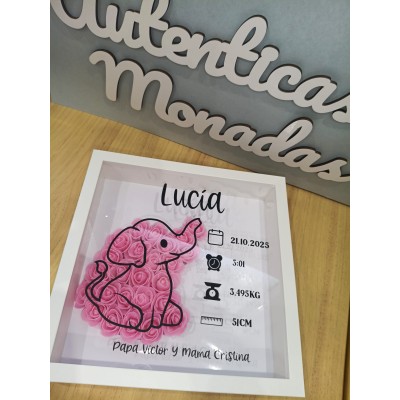 Cuadro Personalizado de Natalicio en Madera Diseño Elefante | Con Flores de Goma Eva