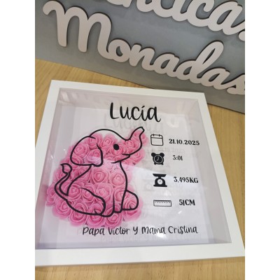 Cuadro Personalizado de Natalicio en Madera Diseño Elefante | Con Flores de Goma Eva