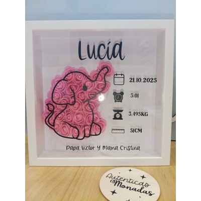 Cuadro Personalizado de Natalicio en Madera Diseño Elefante | Con Flores de Goma Eva