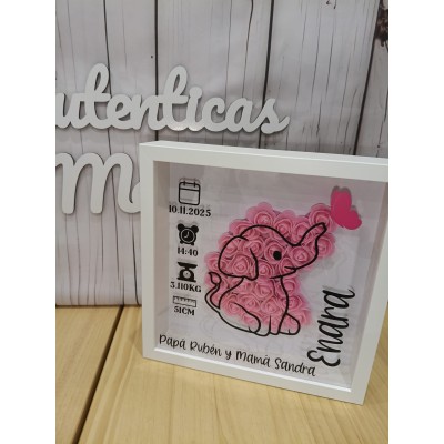 Cuadro Personalizado de Natalicio en Madera Diseño Elefante | Con Flores de Goma Eva