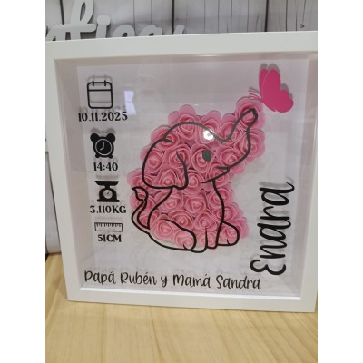 Cuadro Personalizado de Natalicio en Madera Diseño Elefante | Con Flores de Goma Eva