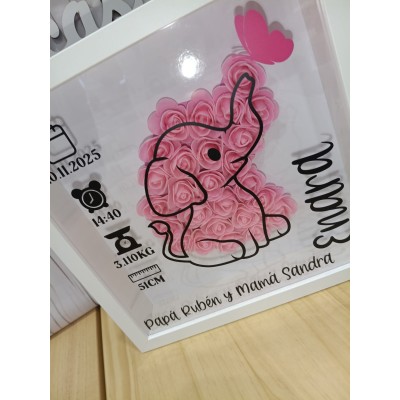 Cuadro Personalizado de Natalicio en Madera Diseño Elefante | Con Flores de Goma Eva