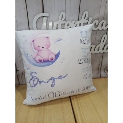 Cojín Personalizado de Natalicio Diseño Oso| Regalo Original para Bebé Niño