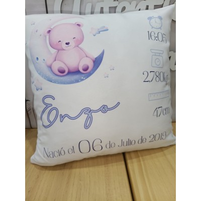 Cojín Personalizado de Natalicio Diseño Oso| Regalo Original para Bebé Niño