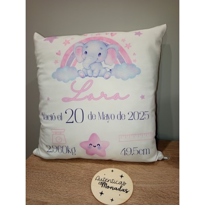 Cojín Personalizado de Natalicio Diseño Elefante Rosa | Regalo para Bebé Niña