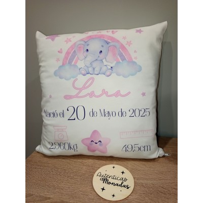 Cojín Personalizado de Natalicio Diseño Elefante Rosa | Regalo para Bebé Niña