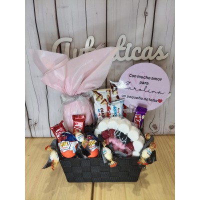 Cesta de Dulces Personalizada con Vino Frizzante y Chuches  Regalo Original