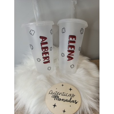 Pack Vasos de Cine San Valentín Personalizados  Con Pajita y Diseño Palomitas