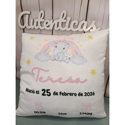 Cojín Personalizado de Natalicio Diseño Elefante Rosa  Regalo para Bebé Niña