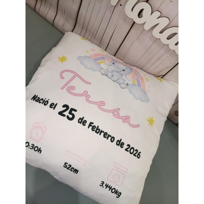 Cojín Personalizado de Natalicio Diseño Elefante Rosa  Regalo para Bebé Niña