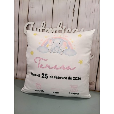 Cojín Personalizado de Natalicio Diseño Elefante Rosa  Regalo para Bebé Niña