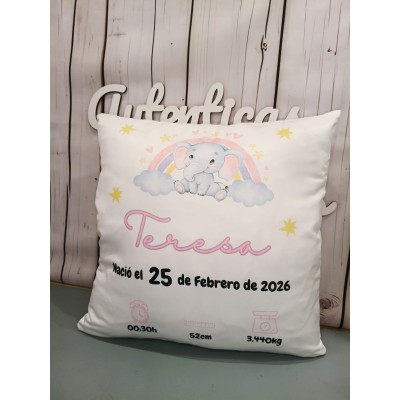 Cojín Personalizado de Natalicio Diseño Elefante Rosa  Regalo para Bebé Niña