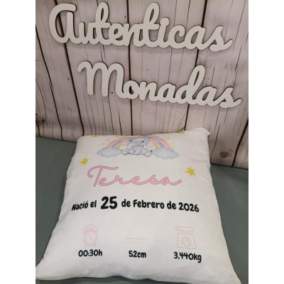 Cojín Personalizado de Natalicio Diseño Elefante Rosa  Regalo para Bebé Niña