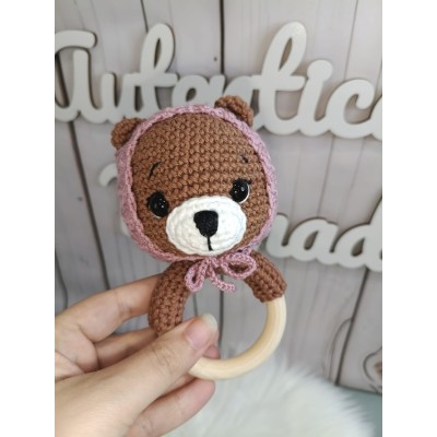Sonajero mordedor de osito para bebé hecho a mano | Juguete sensorial crochet
