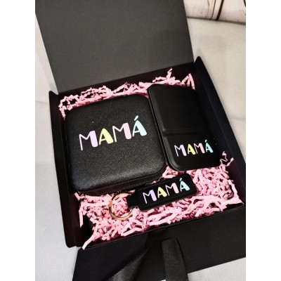 Pack Regalo para Mamá – Joyero, Espejo y Llavero Negro Personalizable con Nombre