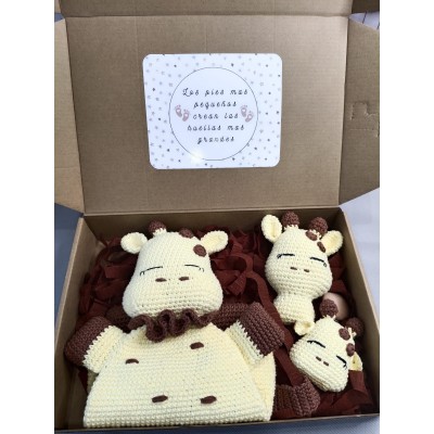 Pack regalo bebé jirafa hecho a mano  Manta de apego, sonajero y sujetachupetes  Regalo recién nacido original