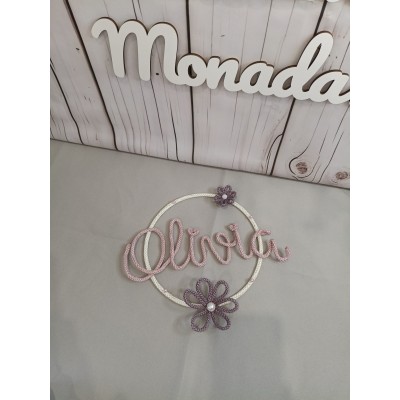 Aro de Tricotín Personalizado con Nombre, Flor y Cuentas de Colores