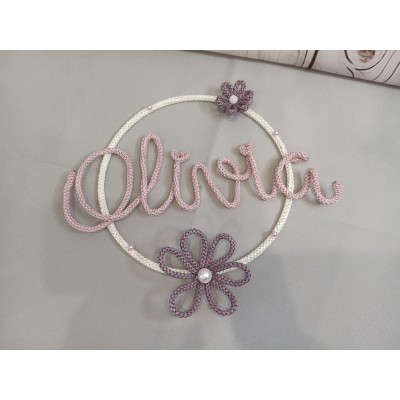 Aro de Tricotín Personalizado con Nombre, Flor y Cuentas de Colores