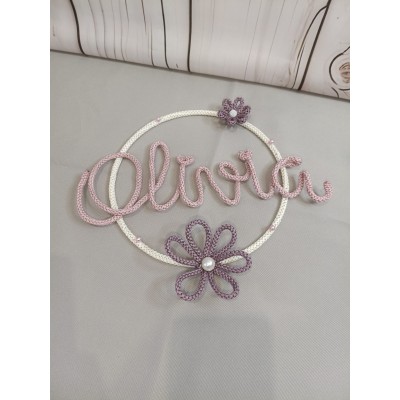 Aro de Tricotín Personalizado con Nombre, Flor y Cuentas de Colores