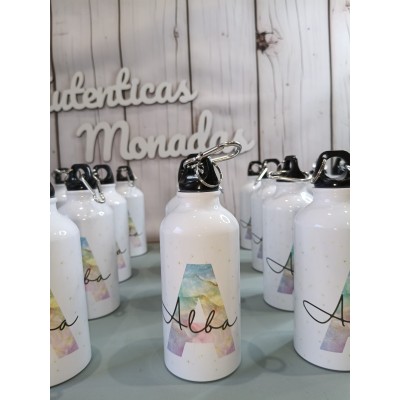 Botella de aluminio 400 ml personalizable con nombre e inicial – Regalo para bodas, bautizos y comuniones