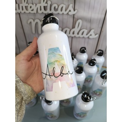 Botella de aluminio 400 ml personalizable con nombre e inicial – Regalo para bodas, bautizos y comuniones