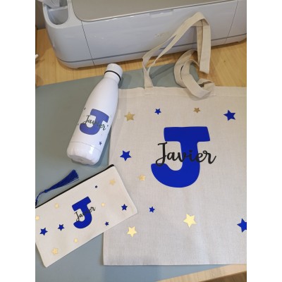 Pack Bolso, Neceser y Botella Personalizados con Inicial y Nombre – Estrellas Doradas