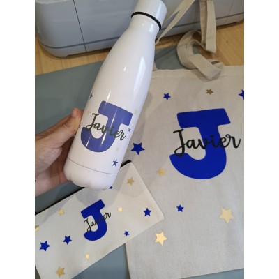 Pack Bolso, Neceser y Botella Personalizados con Inicial y Nombre – Estrellas Doradas