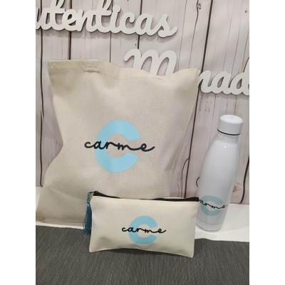 Pack Bolso, Neceser y Botella Personalizados con Inicial y Nombre – Diseño Minimalista