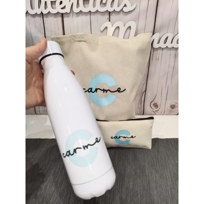 Pack Bolso, Neceser y Botella Personalizados con Inicial y Nombre – Diseño Minimalista