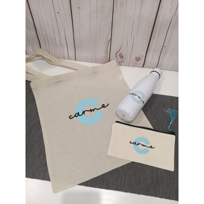 Pack Bolso, Neceser y Botella Personalizados con Inicial y Nombre – Diseño Minimalista