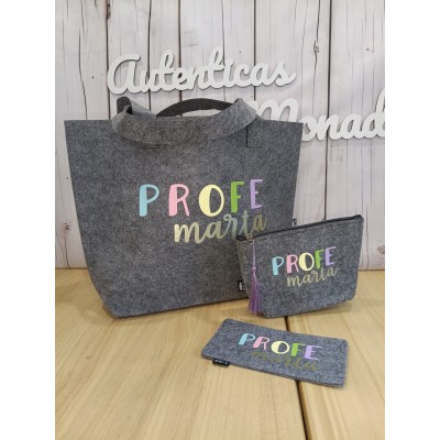 Pack regalo personalizado para profesoras o teachers.  Bolso, Neceser y portagafas a juego de fieltro reciclado.