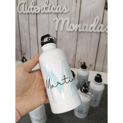 Botella de aluminio 400 ml personalizable con nombre e inicial – Regalo para bodas, bautizos y comuniones