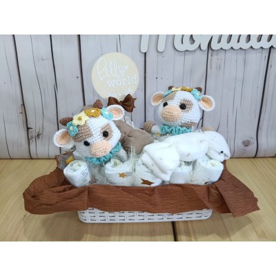 Canastilla de Pañales Personalizada para Bebé  Cesta Reutilizable con Nombre, Vaquita de Crochet y Muselinas