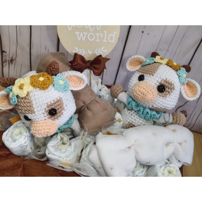 Canastilla de Pañales Personalizada para Bebé  Cesta Reutilizable con Nombre, Vaquita de Crochet y Muselinas