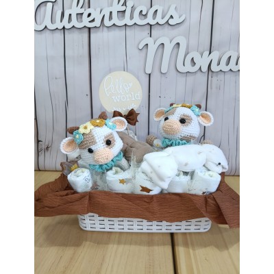 Canastilla de Pañales Personalizada para Bebé  Cesta Reutilizable con Nombre, Vaquita de Crochet y Muselinas
