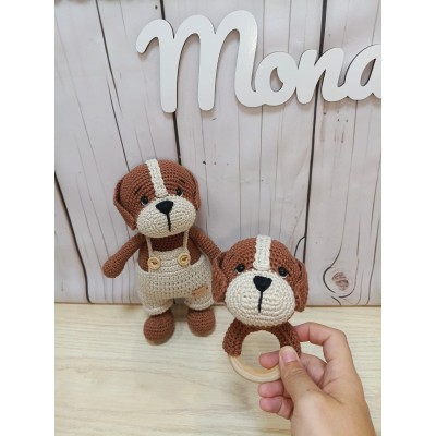 Pack Regalo Bebé Perro | Muñeco Amigurumi + Sonajero Mordedor de Perro de Crochet