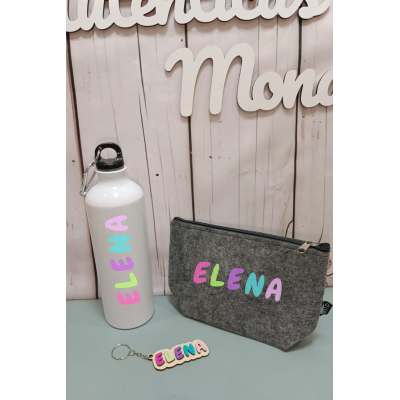 Pack Vuelta al Cole Personalizado  Bidón 800 ml + Estuche + Llavero Identificativo de Madera